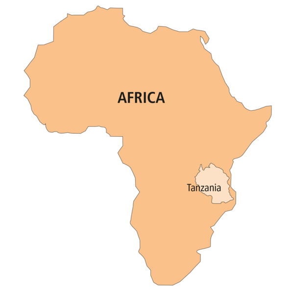 Eine Karte von Afrika zeigt Tansania, wo Grünopal gefunden wird.