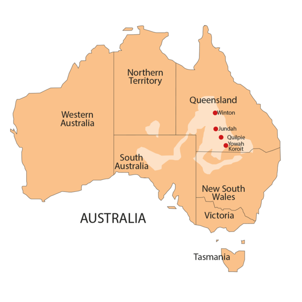 Eine Karte von Australien, auf der die Gebiete markiert sind, in denen Boulderopale gefunden werden.