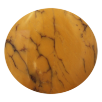 A round Australian Moss Opal cabochon with yellow body colour and characteristic moss-like inclusions.