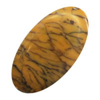 An oval Australian Moss Opal cabochon with yellow body colour and characteristic moss-like inclusions.