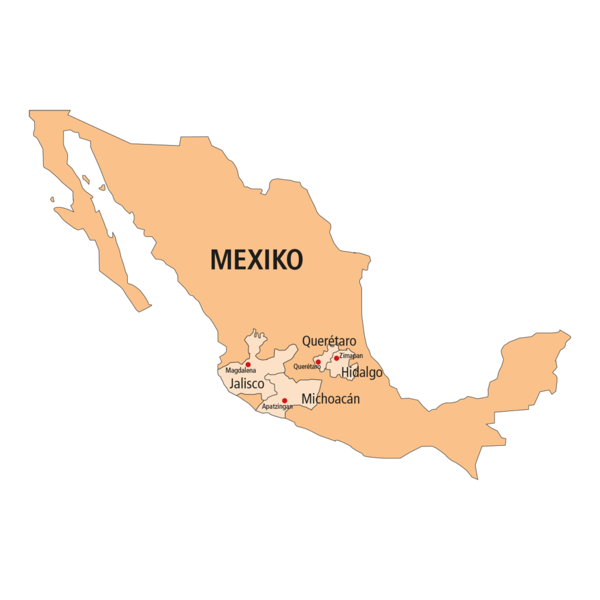 Eine Karte von Mexiko, auf der die Gebiete markiert sind, in denen Feueropal abgebaut wird.